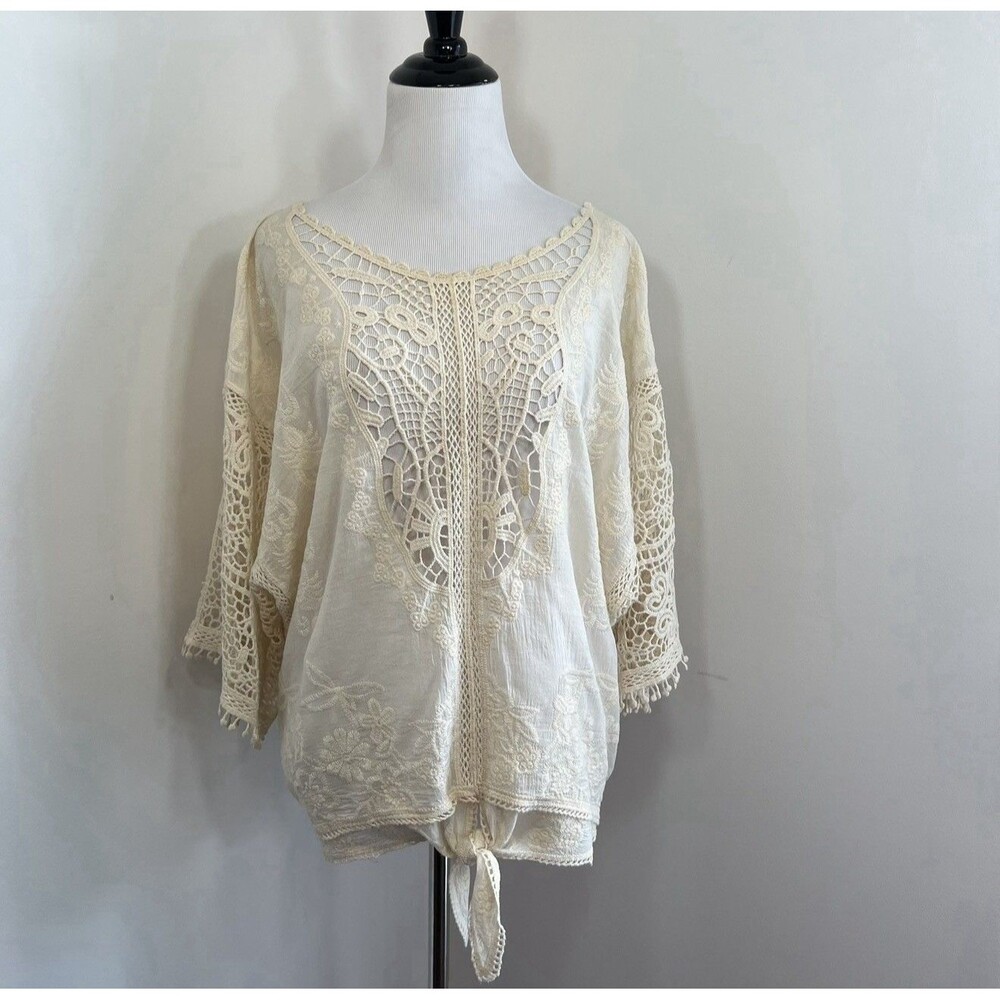 Spiaggia Dolce Top Tie Front Crochet Embroidered 100% Cotton Lined Boho Resort M